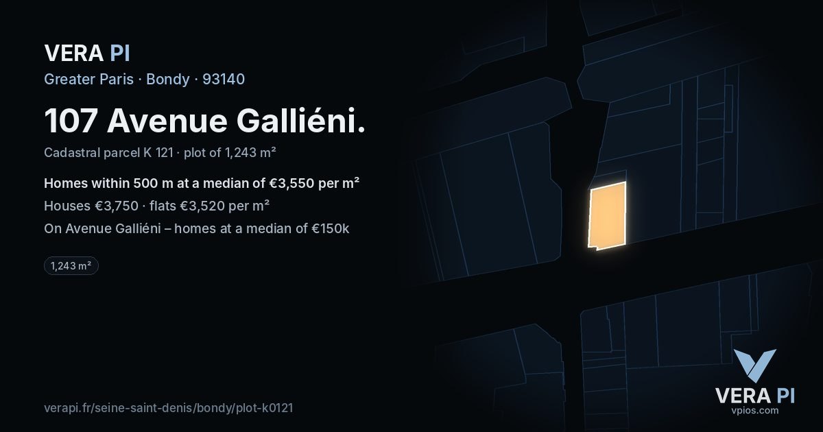 107 Avenue Galliéni, Bondy at night – the plot lit, the parcels around coloured by the prices near them
