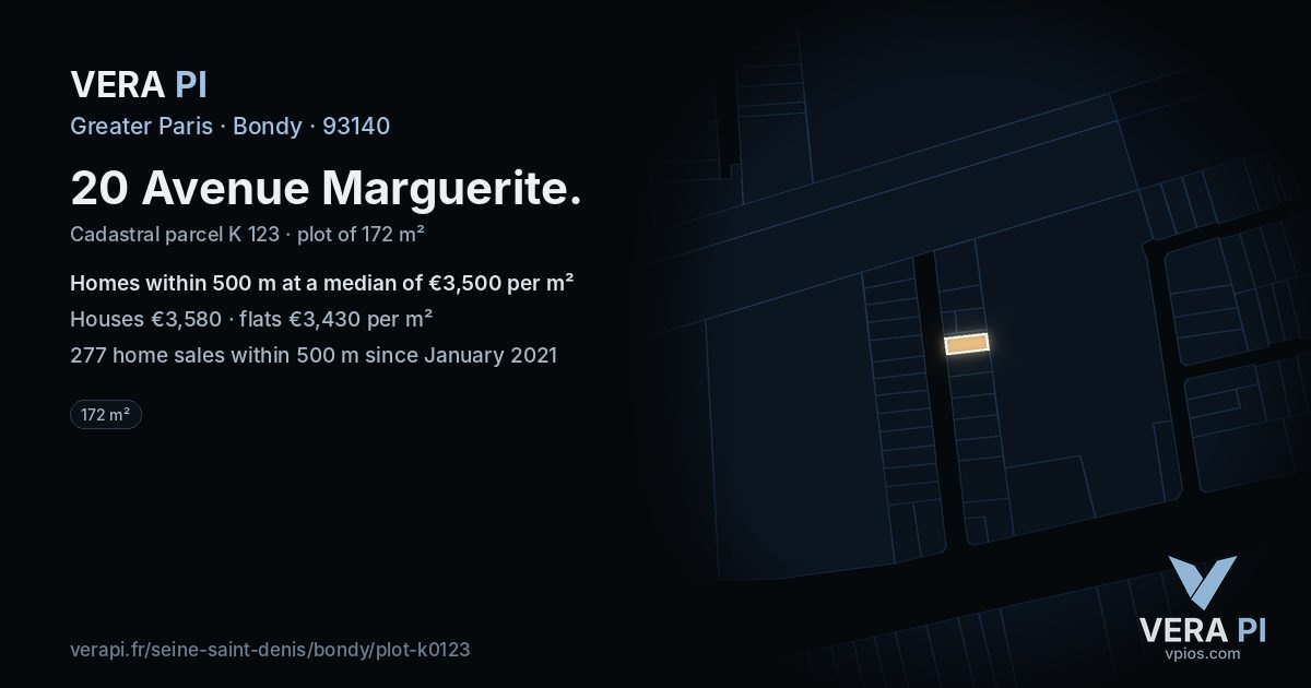 20 Avenue Marguerite, Bondy at night – the plot lit, the parcels around coloured by the prices near them