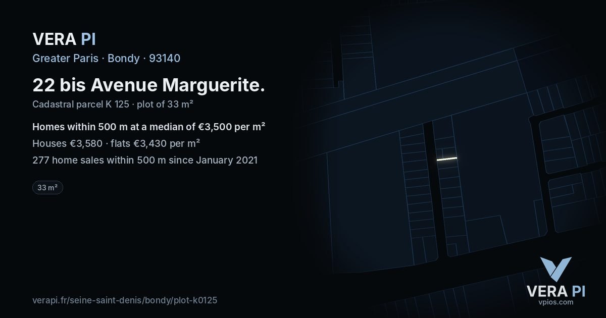 22 bis Avenue Marguerite, Bondy at night – the plot lit, the parcels around coloured by the prices near them