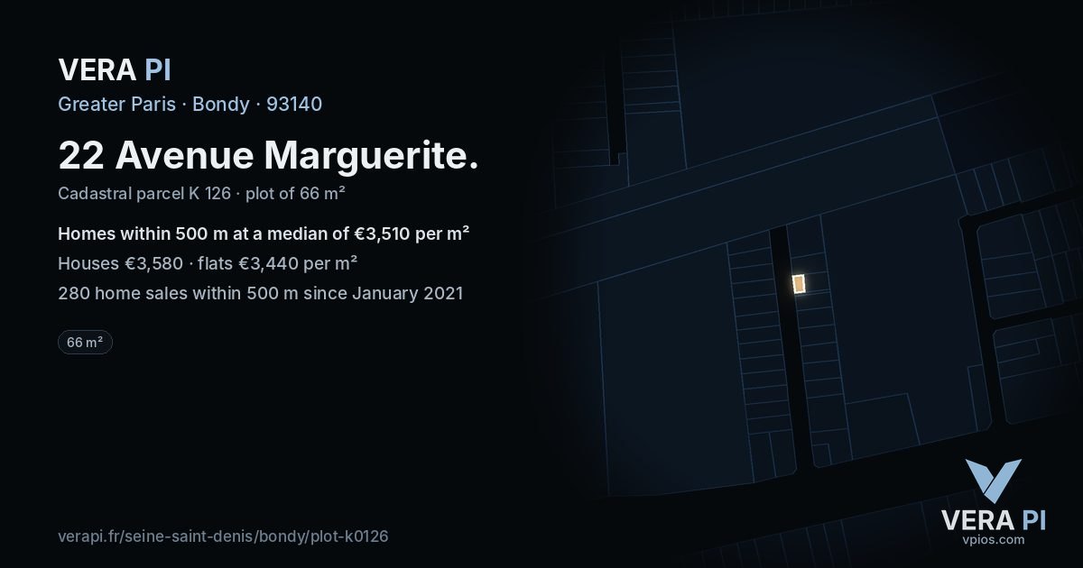 22 Avenue Marguerite, Bondy at night – the plot lit, the parcels around coloured by the prices near them