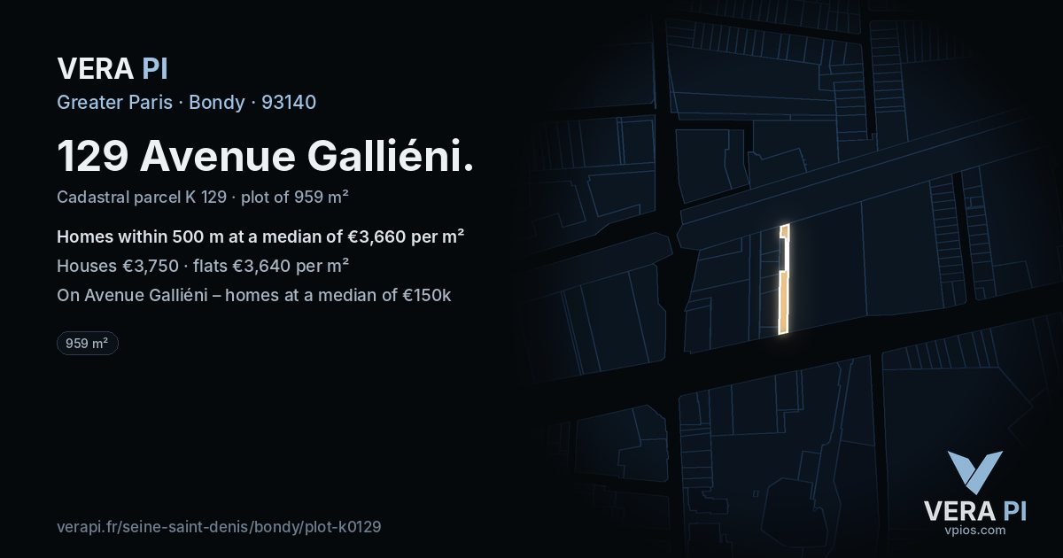 129 Avenue Galliéni, Bondy at night – the plot lit, the parcels around coloured by the prices near them