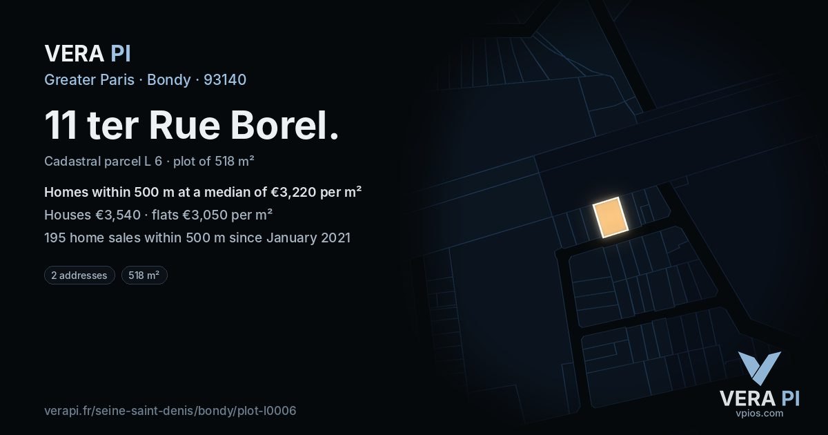 11 ter Rue Borel, Bondy at night – the plot lit, the parcels around coloured by the prices near them