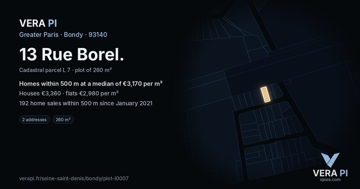 13 Rue Borel, Bondy at night – the plot lit, the parcels around coloured by the prices near them