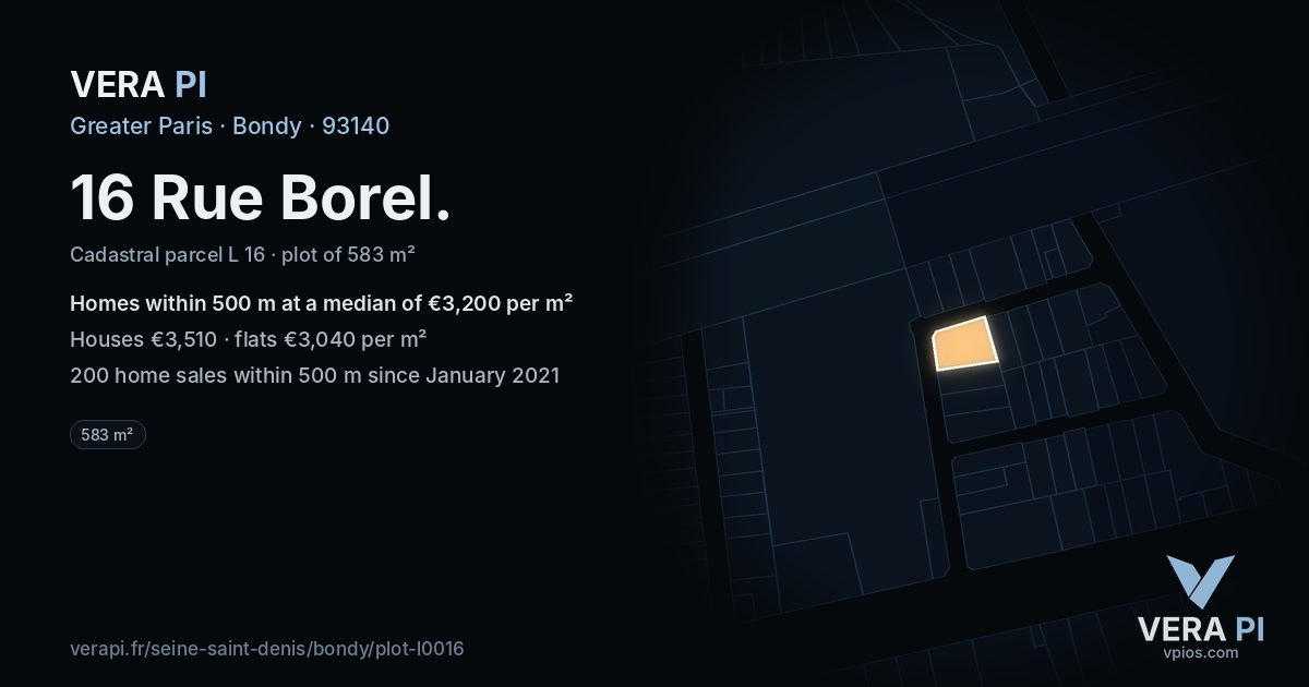 16 Rue Borel, Bondy at night – the plot lit, the parcels around coloured by the prices near them