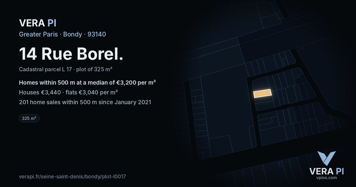 14 Rue Borel, Bondy at night – the plot lit, the parcels around coloured by the prices near them