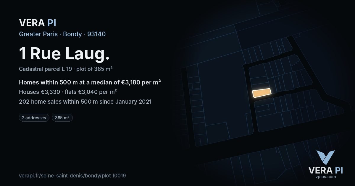 1 Rue Laug, Bondy at night – the plot lit, the parcels around coloured by the prices near them