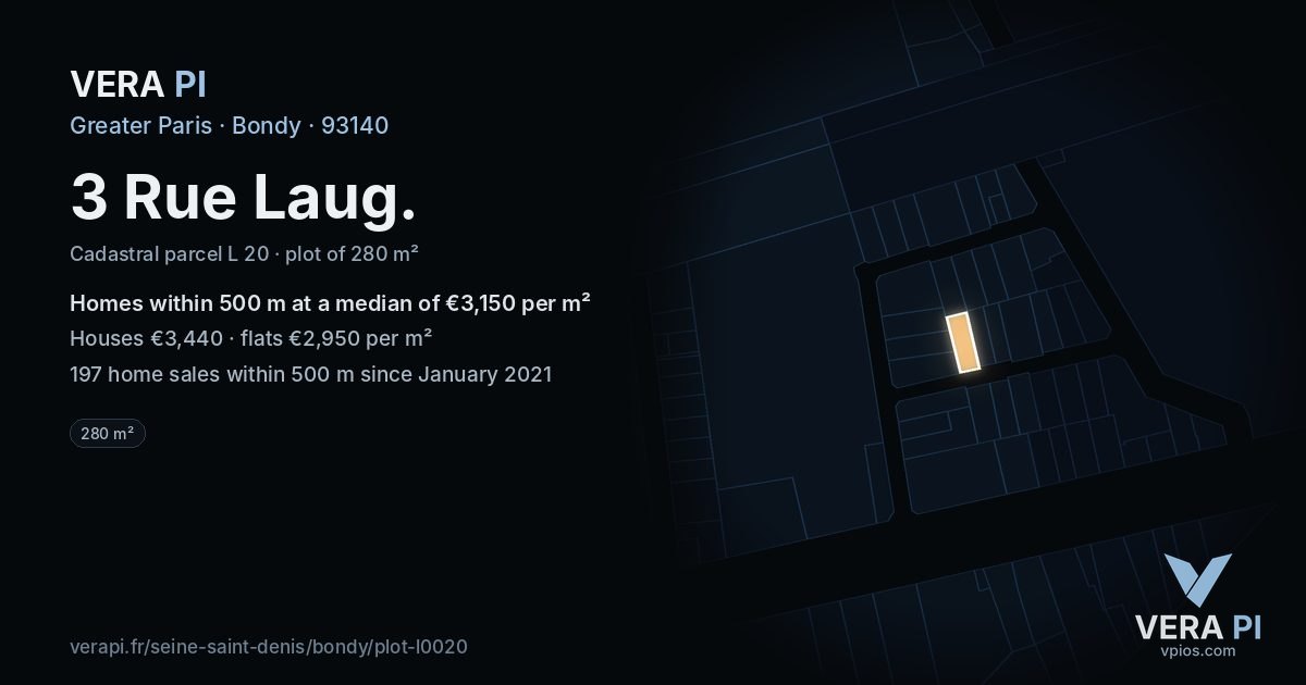 3 Rue Laug, Bondy at night – the plot lit, the parcels around coloured by the prices near them