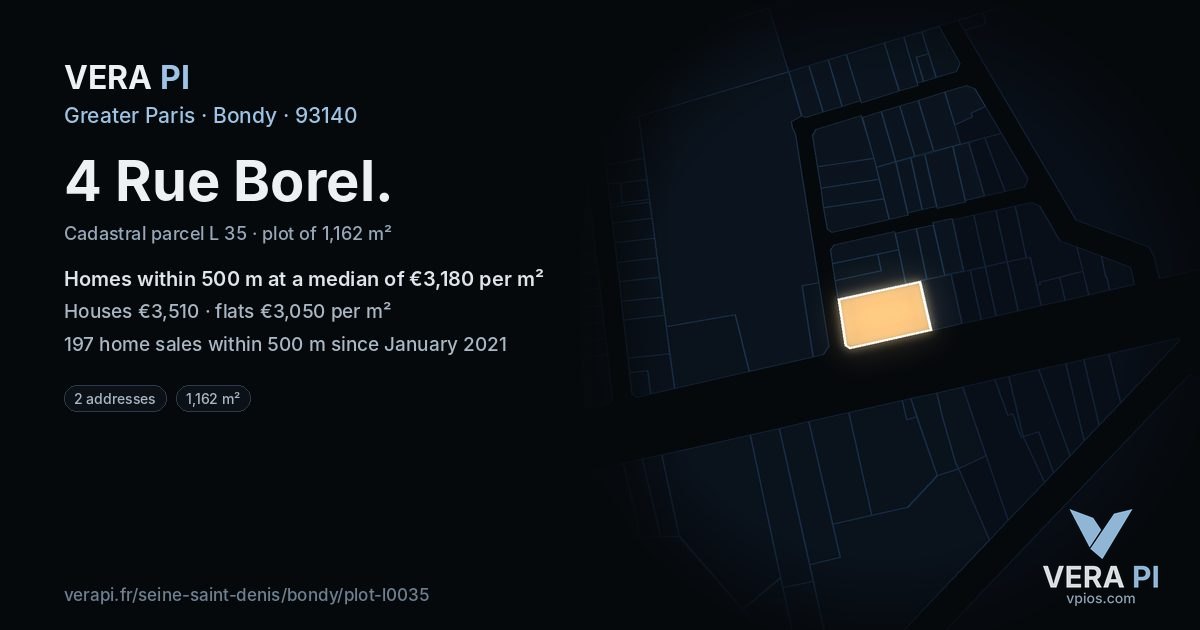 4 Rue Borel, Bondy at night – the plot lit, the parcels around coloured by the prices near them