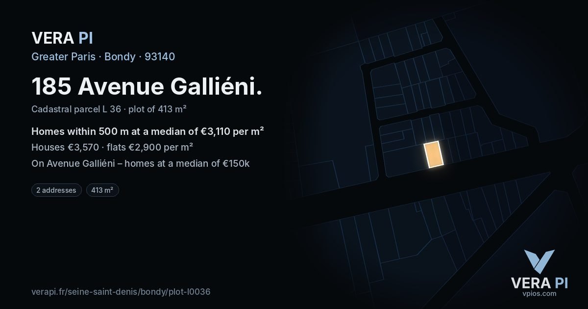 185 Avenue Galliéni, Bondy at night – the plot lit, the parcels around coloured by the prices near them