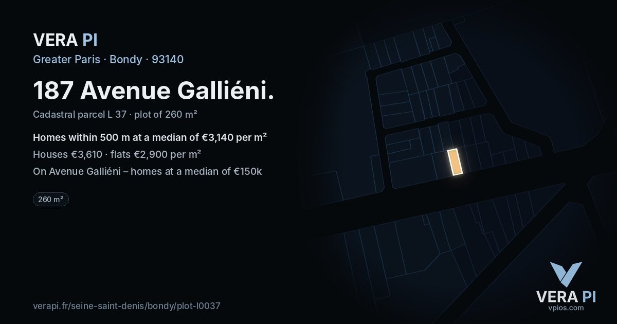 187 Avenue Galliéni, Bondy at night – the plot lit, the parcels around coloured by the prices near them