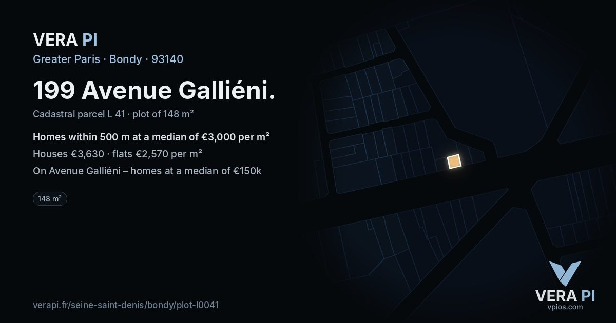 199 Avenue Galliéni, Bondy at night – the plot lit, the parcels around coloured by the prices near them