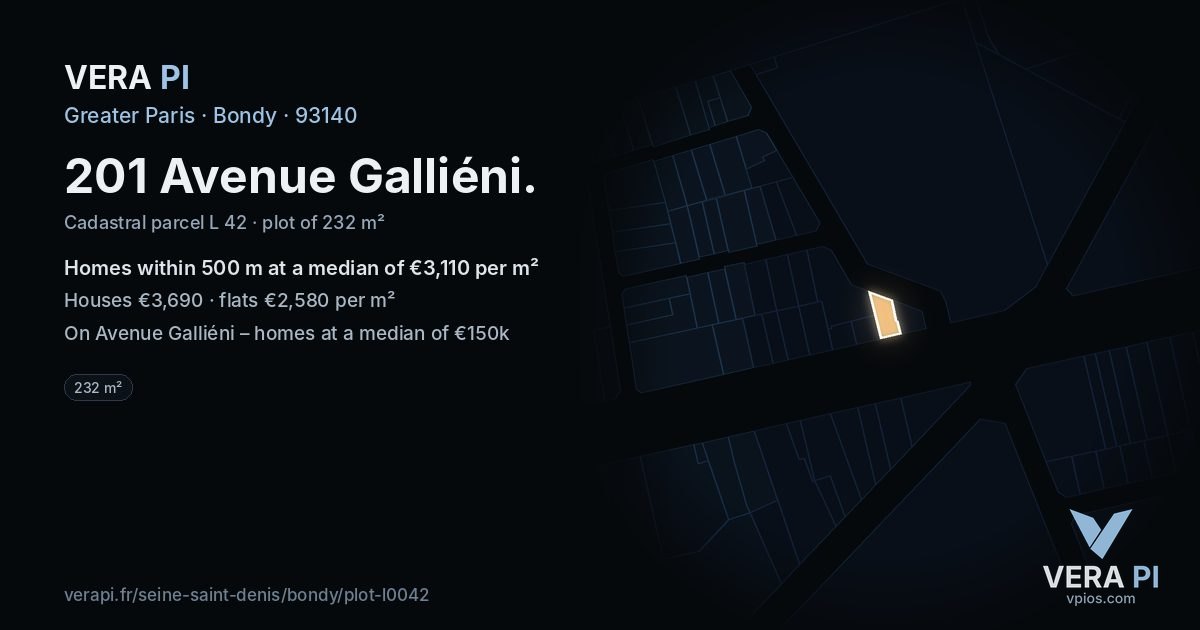 201 Avenue Galliéni, Bondy at night – the plot lit, the parcels around coloured by the prices near them