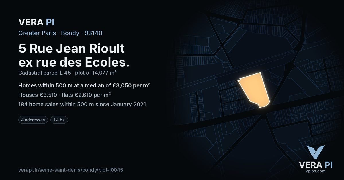 5 Rue Jean Rioult ex rue des Ecoles, Bondy at night – the plot lit, the parcels around coloured by the prices near them