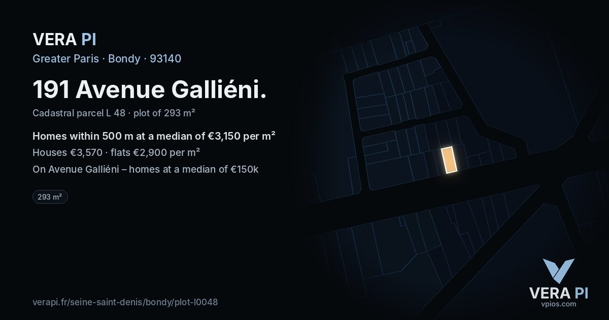 191 Avenue Galliéni, Bondy at night – the plot lit, the parcels around coloured by the prices near them