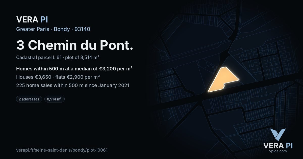 3 Chemin du Pont, Bondy at night – the plot lit, the parcels around coloured by the prices near them