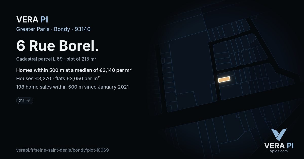 6 Rue Borel, Bondy at night – the plot lit, the parcels around coloured by the prices near them