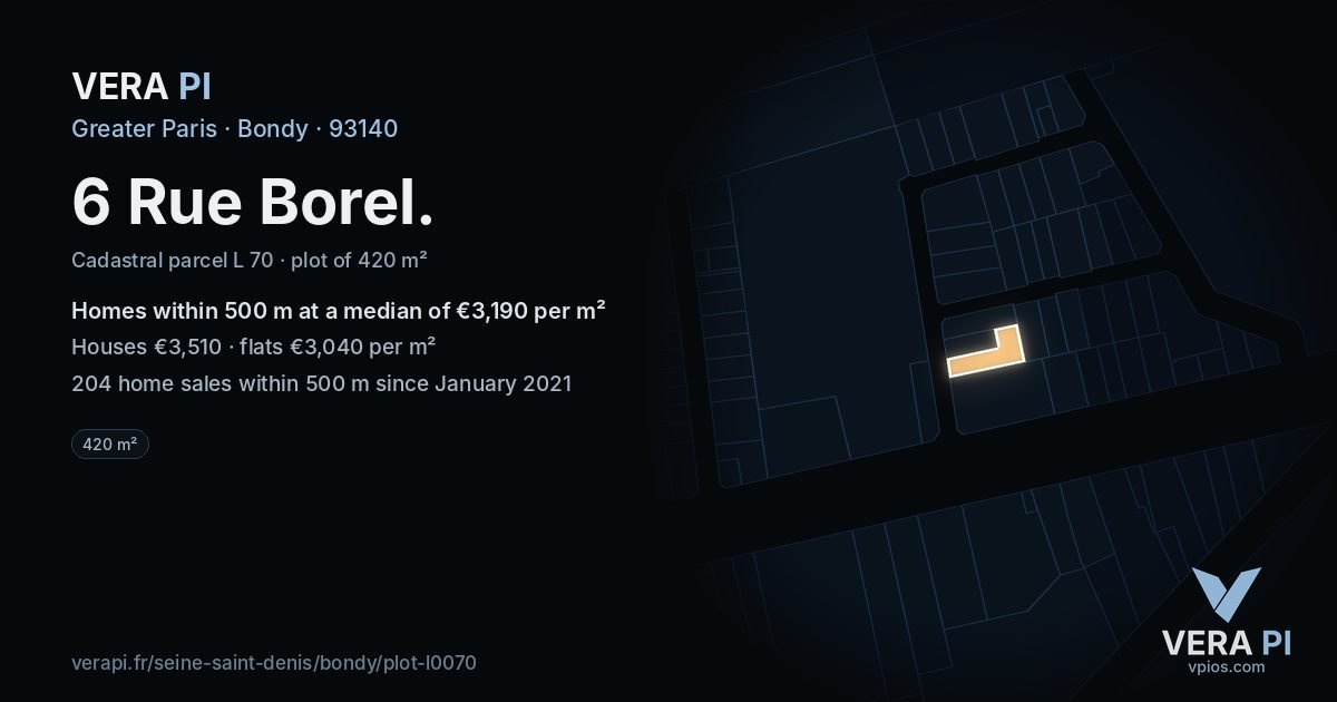 6 Rue Borel, Bondy at night – the plot lit, the parcels around coloured by the prices near them