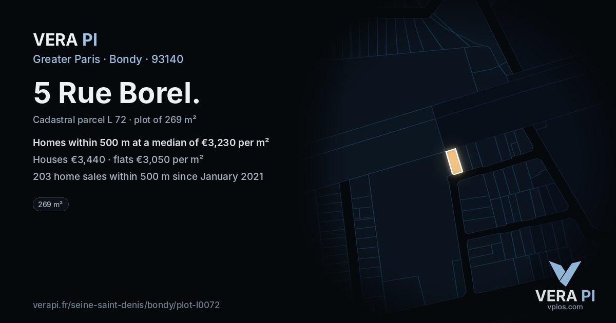 5 Rue Borel, Bondy at night – the plot lit, the parcels around coloured by the prices near them