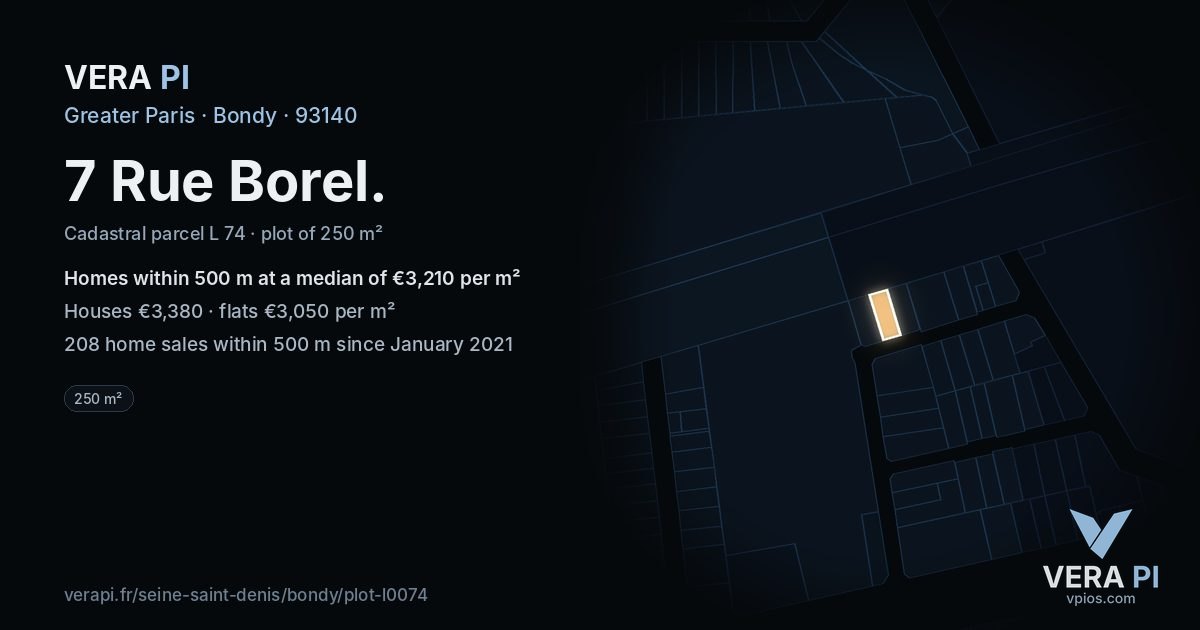 7 Rue Borel, Bondy at night – the plot lit, the parcels around coloured by the prices near them