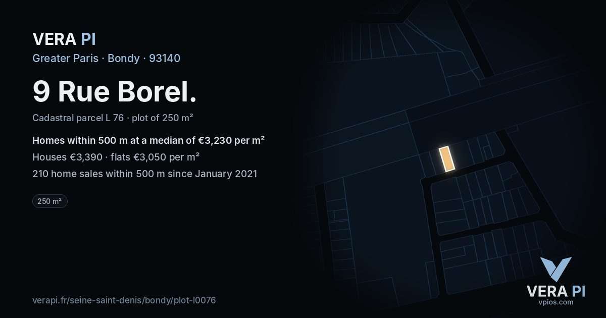 9 Rue Borel, Bondy at night – the plot lit, the parcels around coloured by the prices near them
