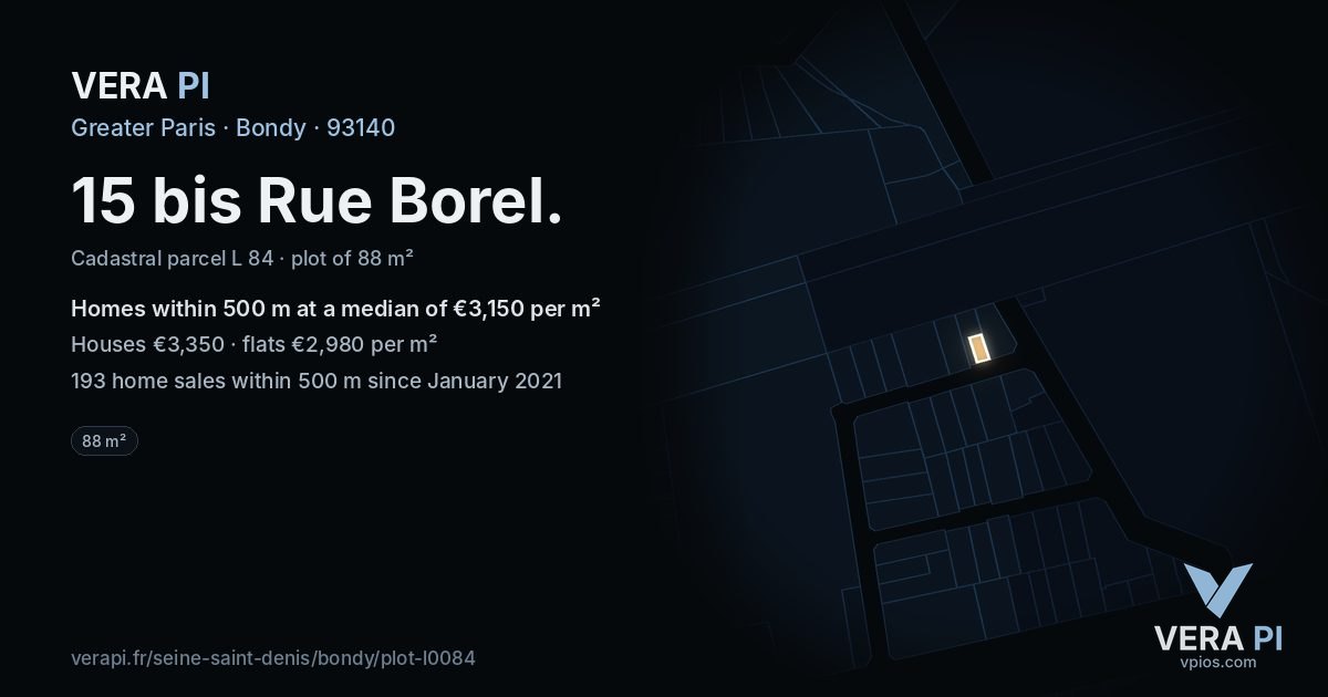 15 bis Rue Borel, Bondy at night – the plot lit, the parcels around coloured by the prices near them