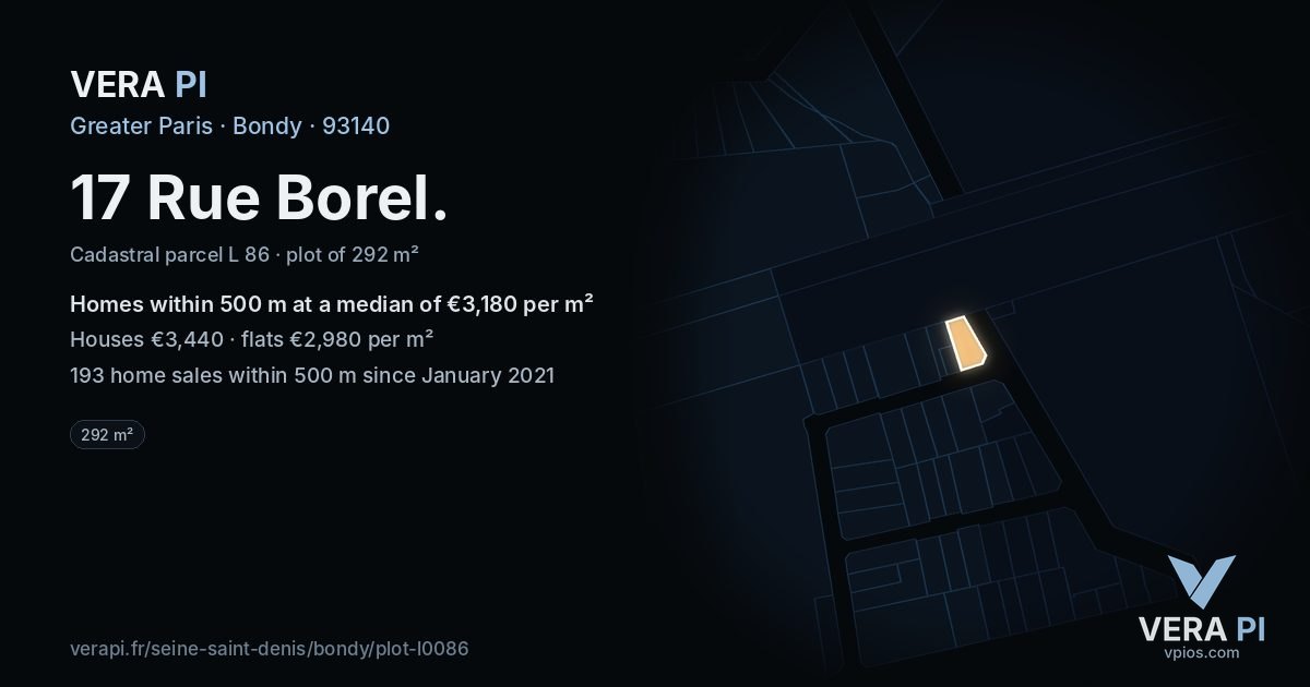 17 Rue Borel, Bondy at night – the plot lit, the parcels around coloured by the prices near them