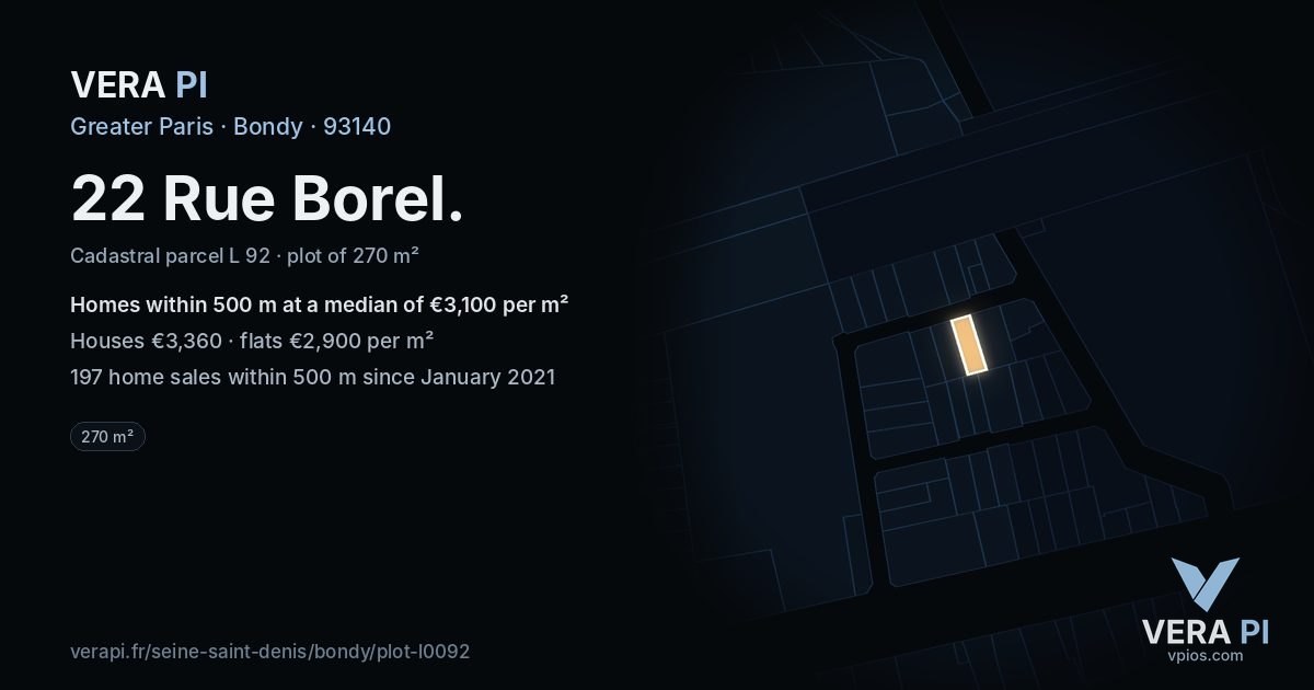 22 Rue Borel, Bondy at night – the plot lit, the parcels around coloured by the prices near them