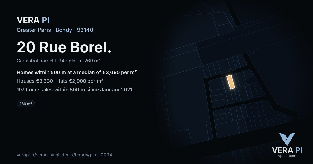 20 Rue Borel, Bondy at night – the plot lit, the parcels around coloured by the prices near them