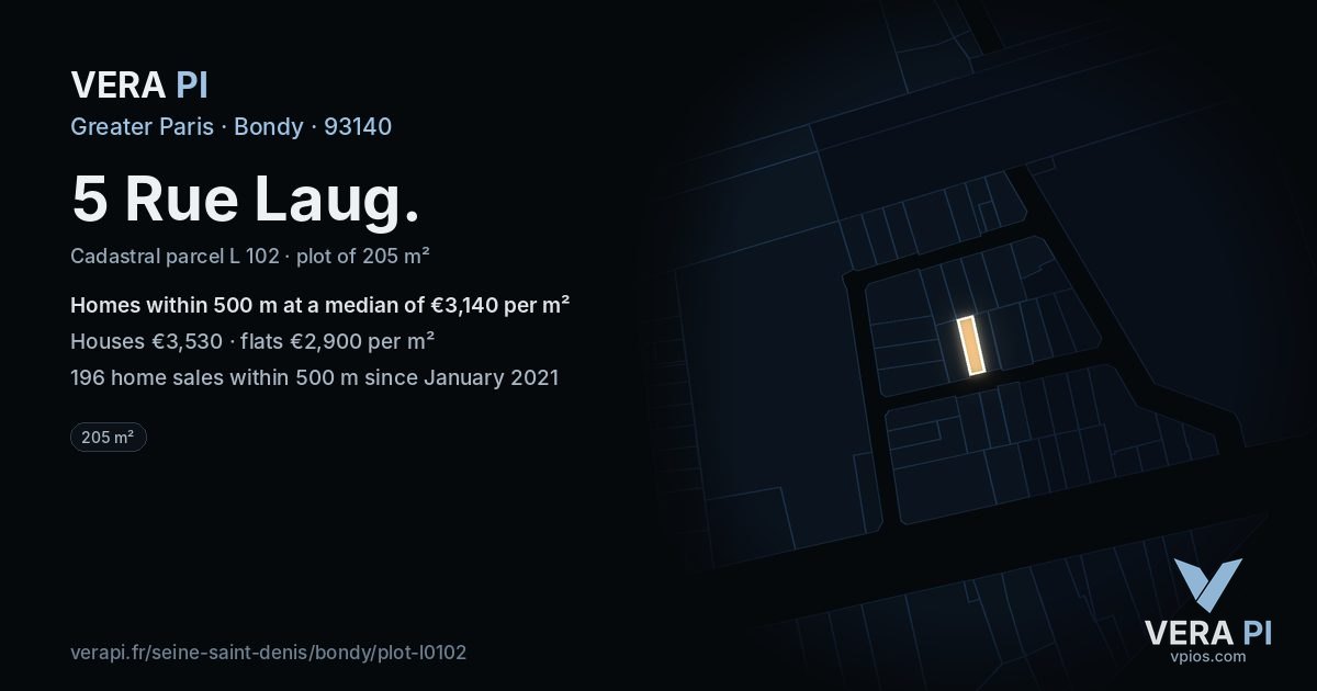 5 Rue Laug, Bondy at night – the plot lit, the parcels around coloured by the prices near them