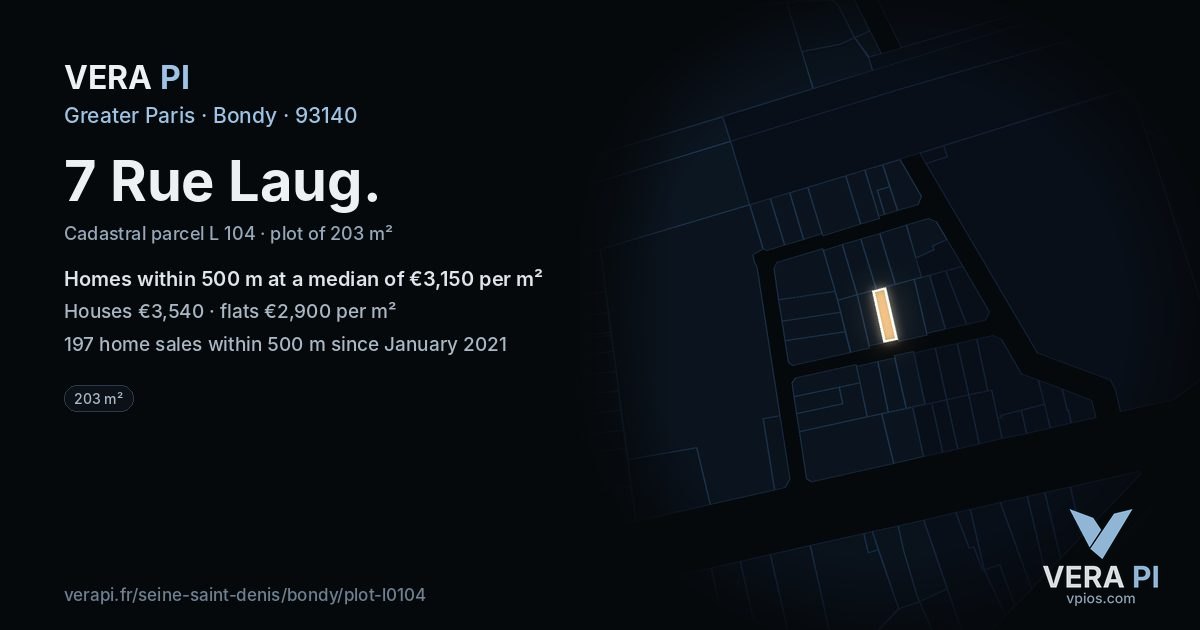 7 Rue Laug, Bondy at night – the plot lit, the parcels around coloured by the prices near them