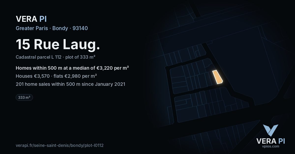 15 Rue Laug, Bondy at night – the plot lit, the parcels around coloured by the prices near them