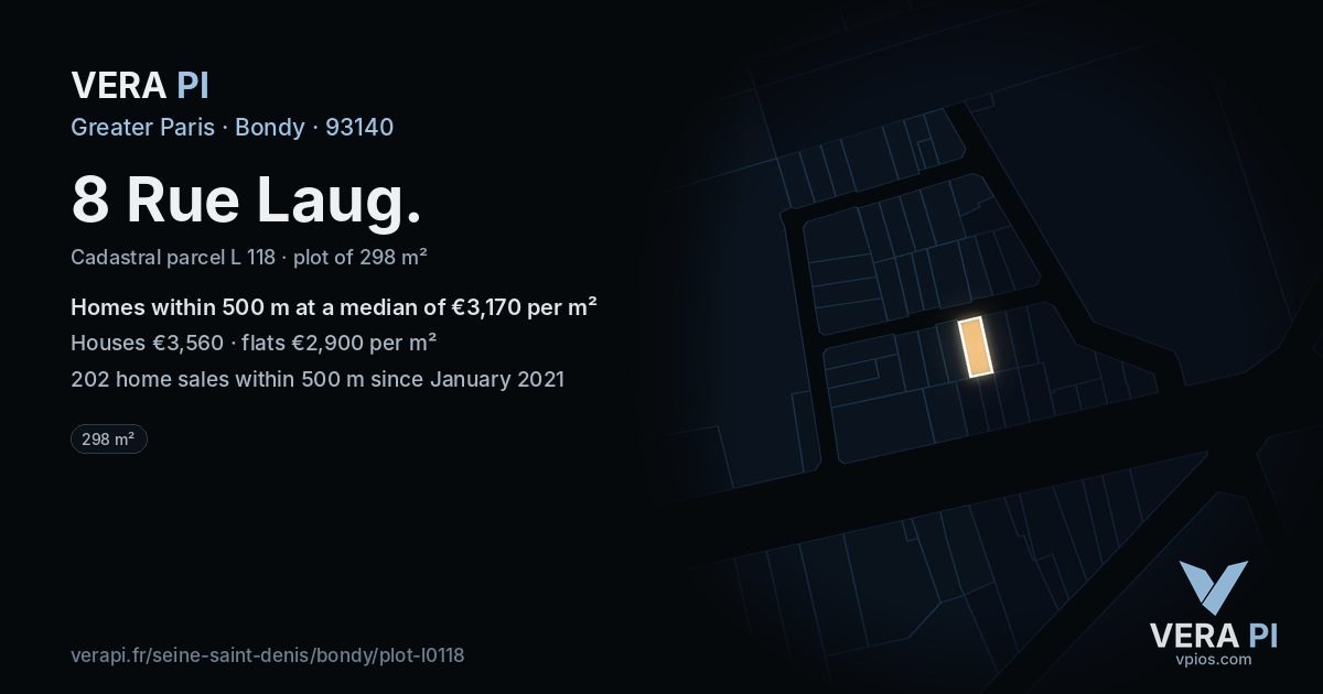 8 Rue Laug, Bondy at night – the plot lit, the parcels around coloured by the prices near them