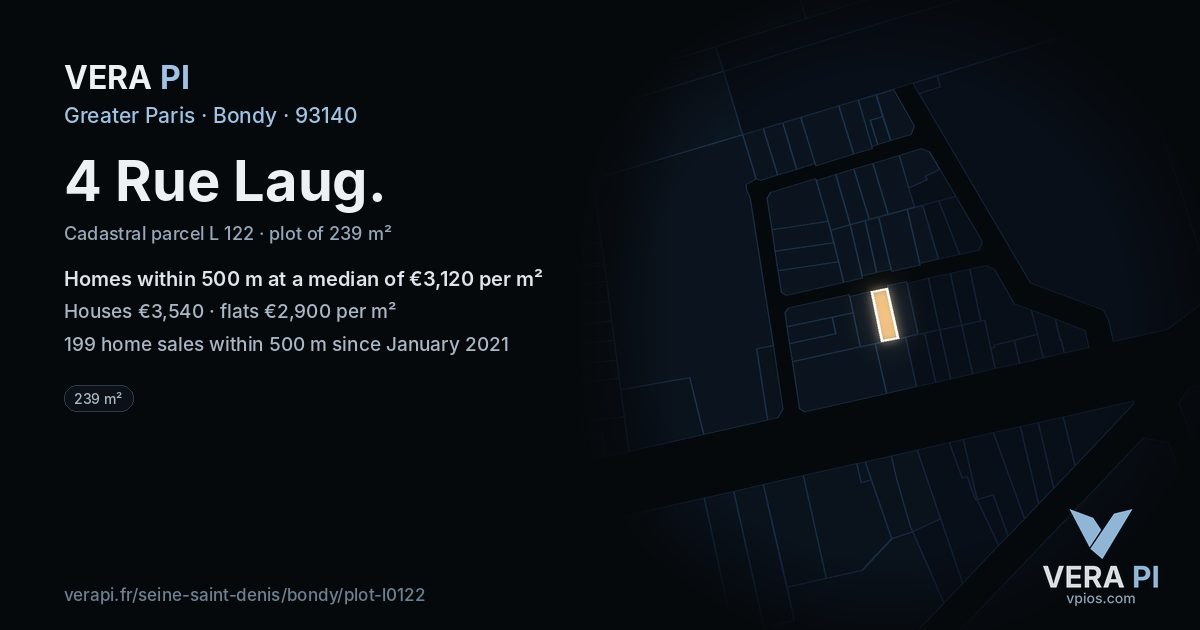 4 Rue Laug, Bondy at night – the plot lit, the parcels around coloured by the prices near them