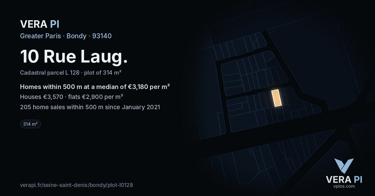 10 Rue Laug, Bondy at night – the plot lit, the parcels around coloured by the prices near them