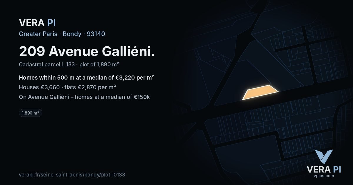 209 Avenue Galliéni, Bondy at night – the plot lit, the parcels around coloured by the prices near them