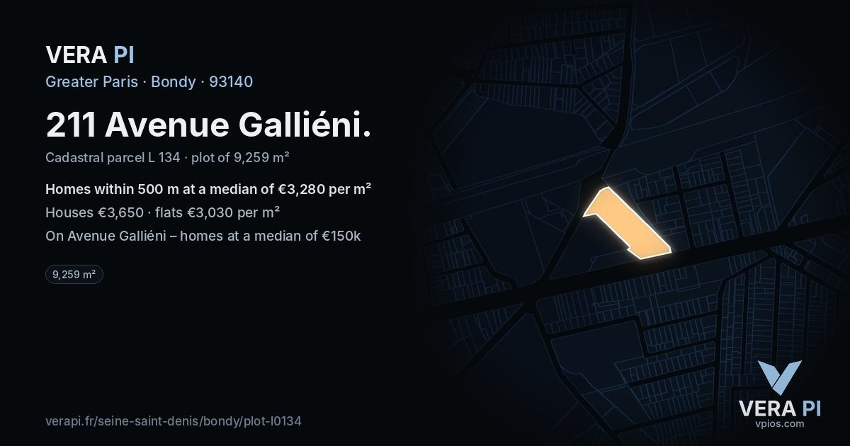 211 Avenue Galliéni, Bondy at night – the plot lit, the parcels around coloured by the prices near them