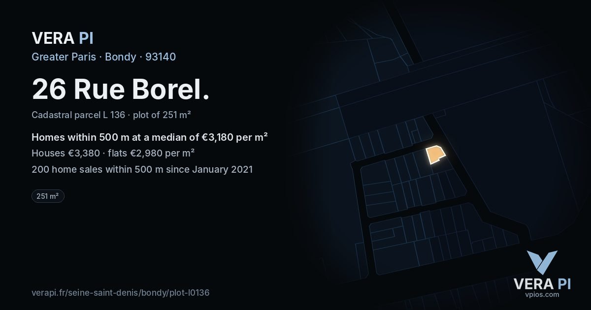 26 Rue Borel, Bondy at night – the plot lit, the parcels around coloured by the prices near them