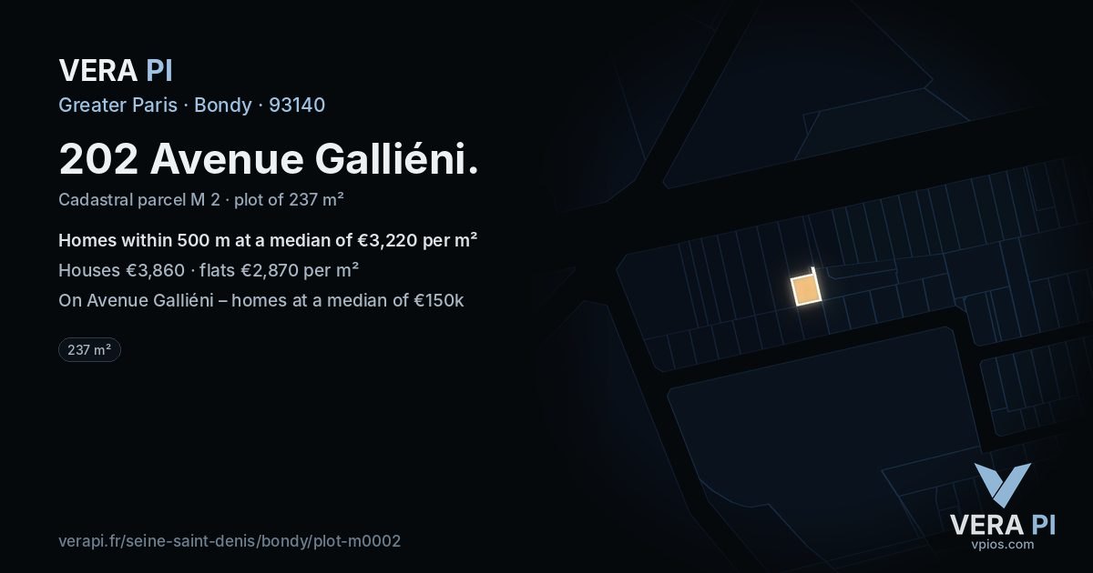 202 Avenue Galliéni, Bondy at night – the plot lit, the parcels around coloured by the prices near them