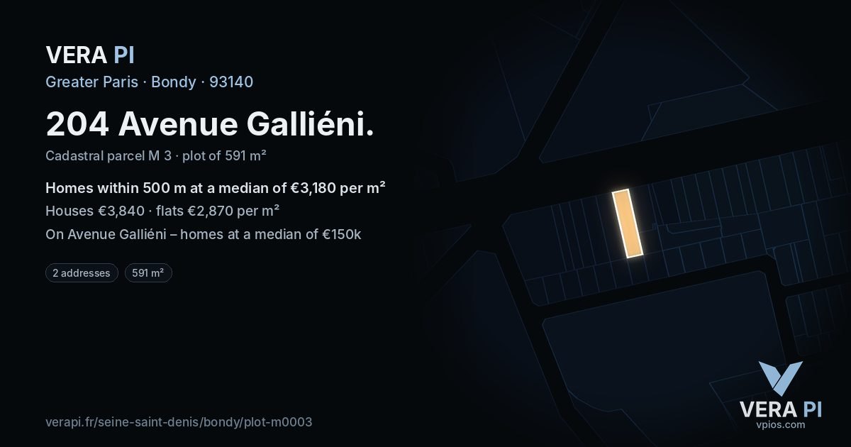 204 Avenue Galliéni, Bondy at night – the plot lit, the parcels around coloured by the prices near them