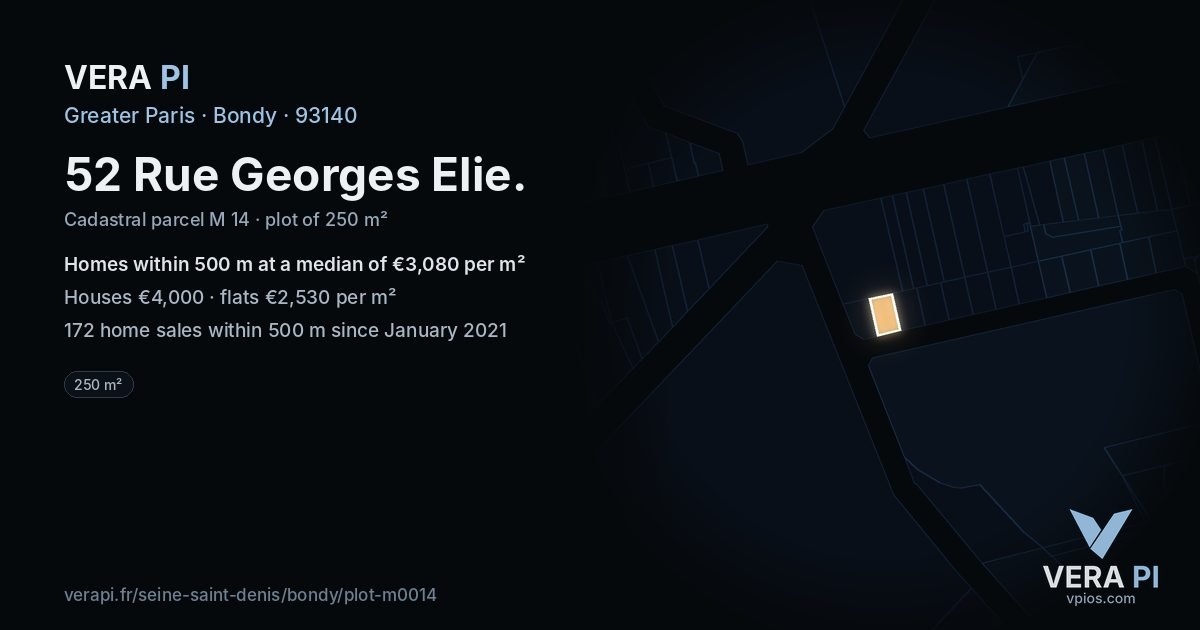 52 Rue Georges Elie, Bondy at night – the plot lit, the parcels around coloured by the prices near them