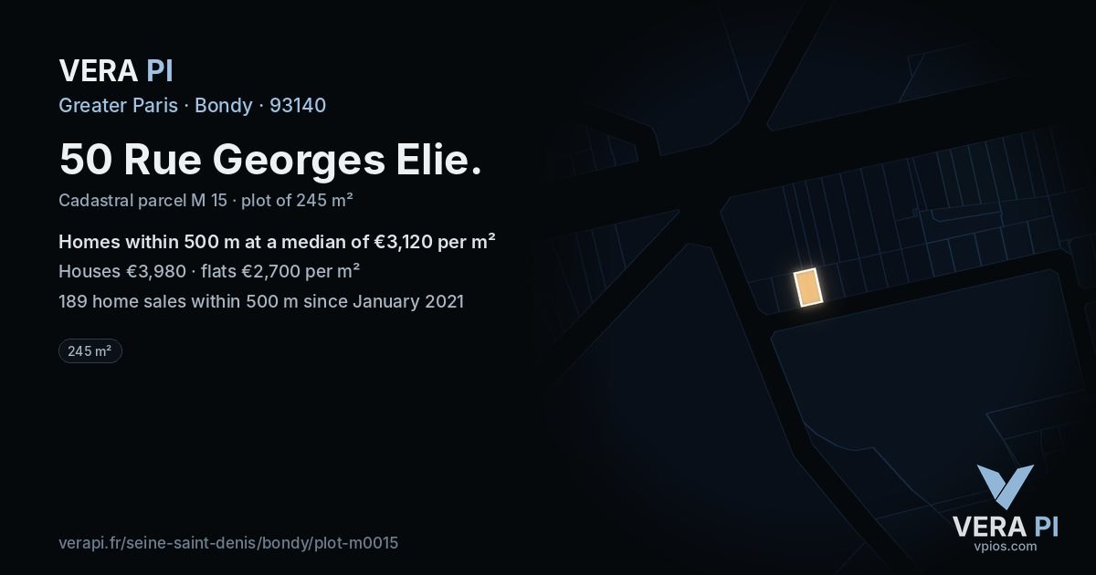 50 Rue Georges Elie, Bondy at night – the plot lit, the parcels around coloured by the prices near them