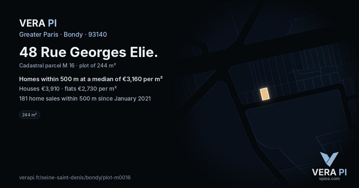 48 Rue Georges Elie, Bondy at night – the plot lit, the parcels around coloured by the prices near them