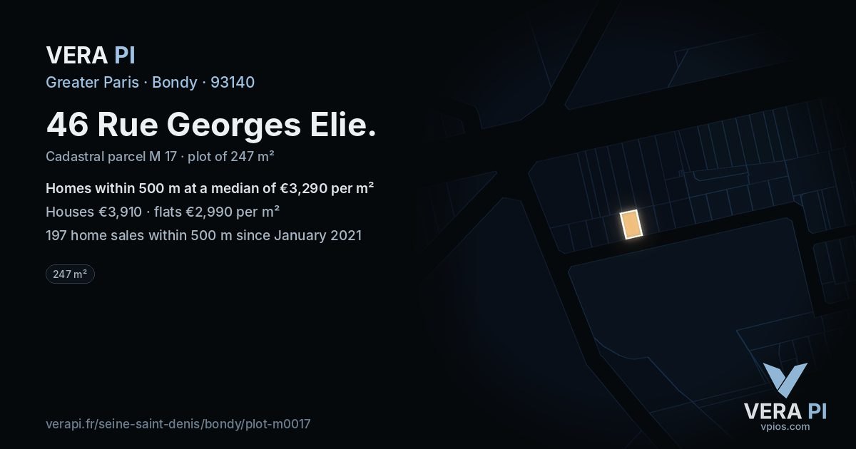 46 Rue Georges Elie, Bondy at night – the plot lit, the parcels around coloured by the prices near them