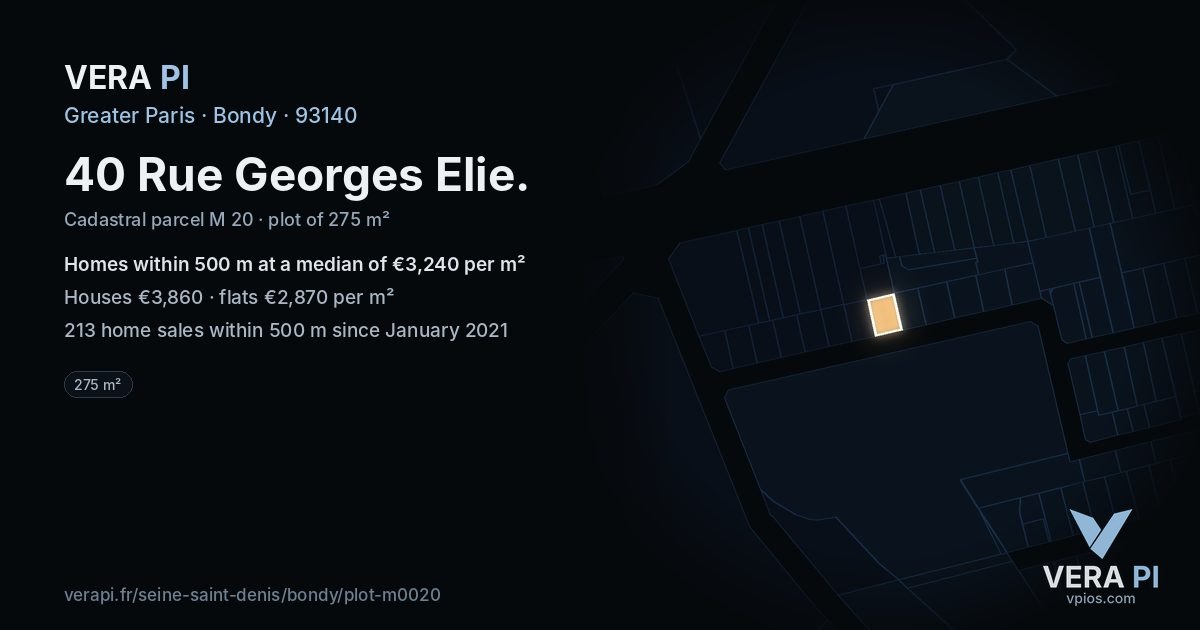 40 Rue Georges Elie, Bondy at night – the plot lit, the parcels around coloured by the prices near them