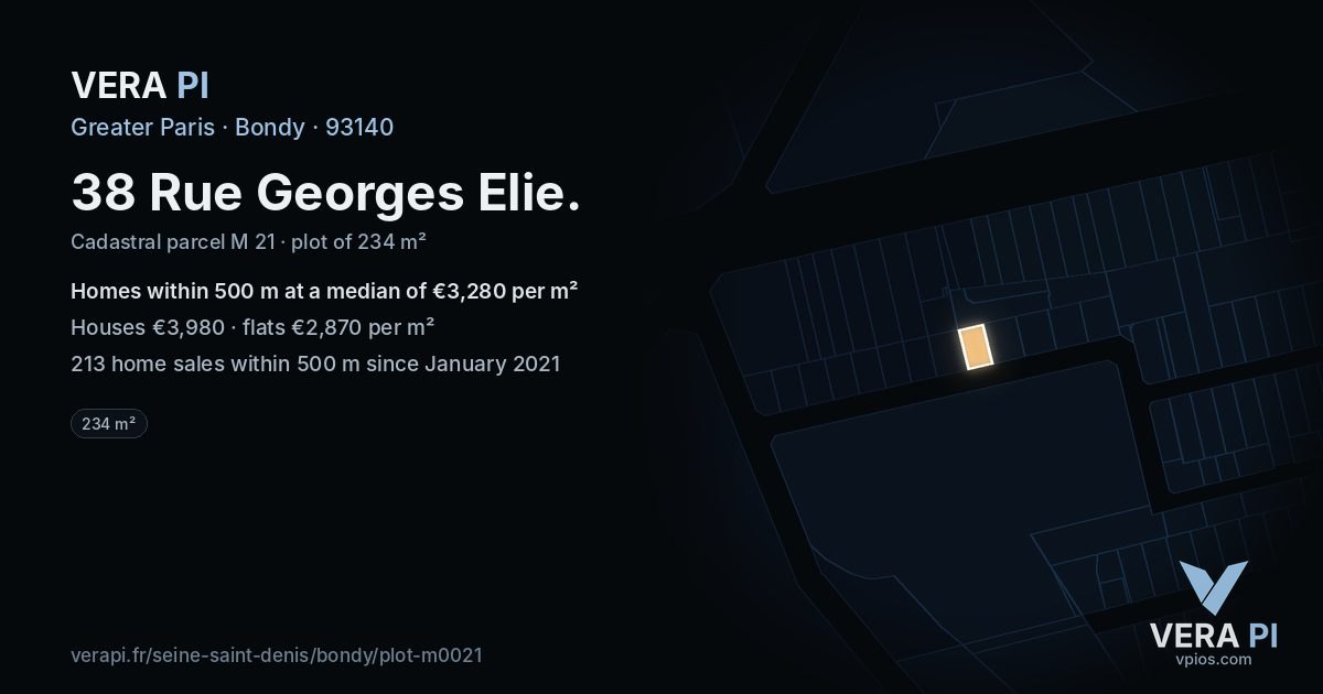 38 Rue Georges Elie, Bondy at night – the plot lit, the parcels around coloured by the prices near them