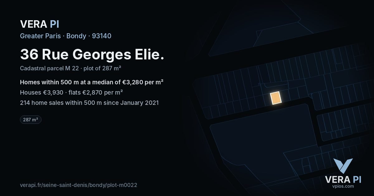 36 Rue Georges Elie, Bondy at night – the plot lit, the parcels around coloured by the prices near them