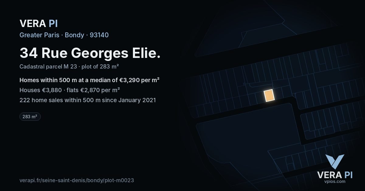 34 Rue Georges Elie, Bondy at night – the plot lit, the parcels around coloured by the prices near them