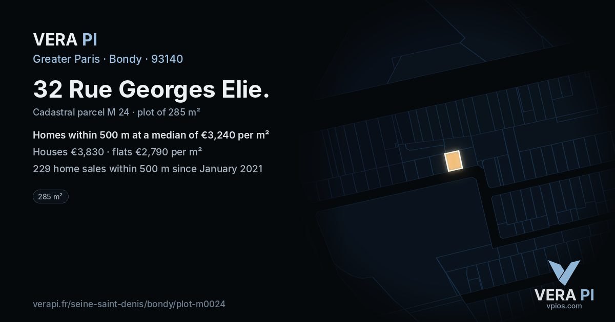 32 Rue Georges Elie, Bondy at night – the plot lit, the parcels around coloured by the prices near them