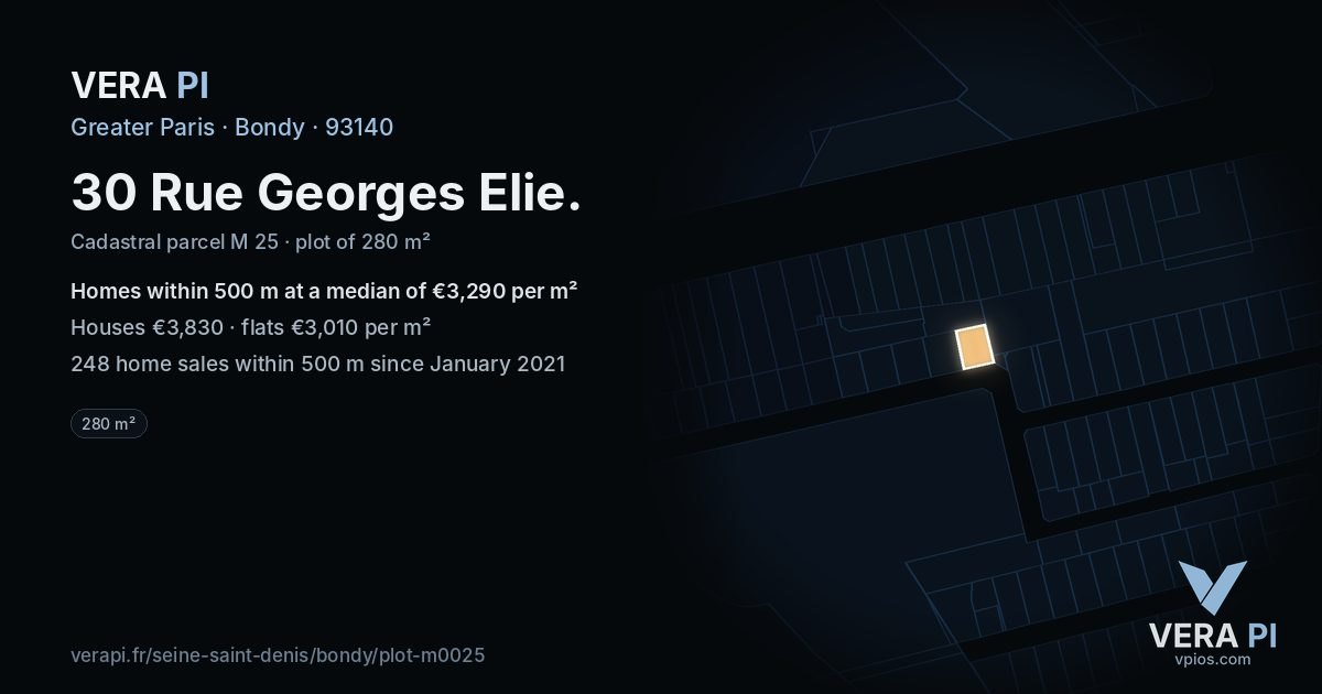 30 Rue Georges Elie, Bondy at night – the plot lit, the parcels around coloured by the prices near them