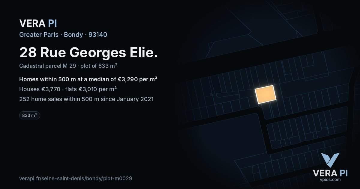 28 Rue Georges Elie, Bondy at night – the plot lit, the parcels around coloured by the prices near them